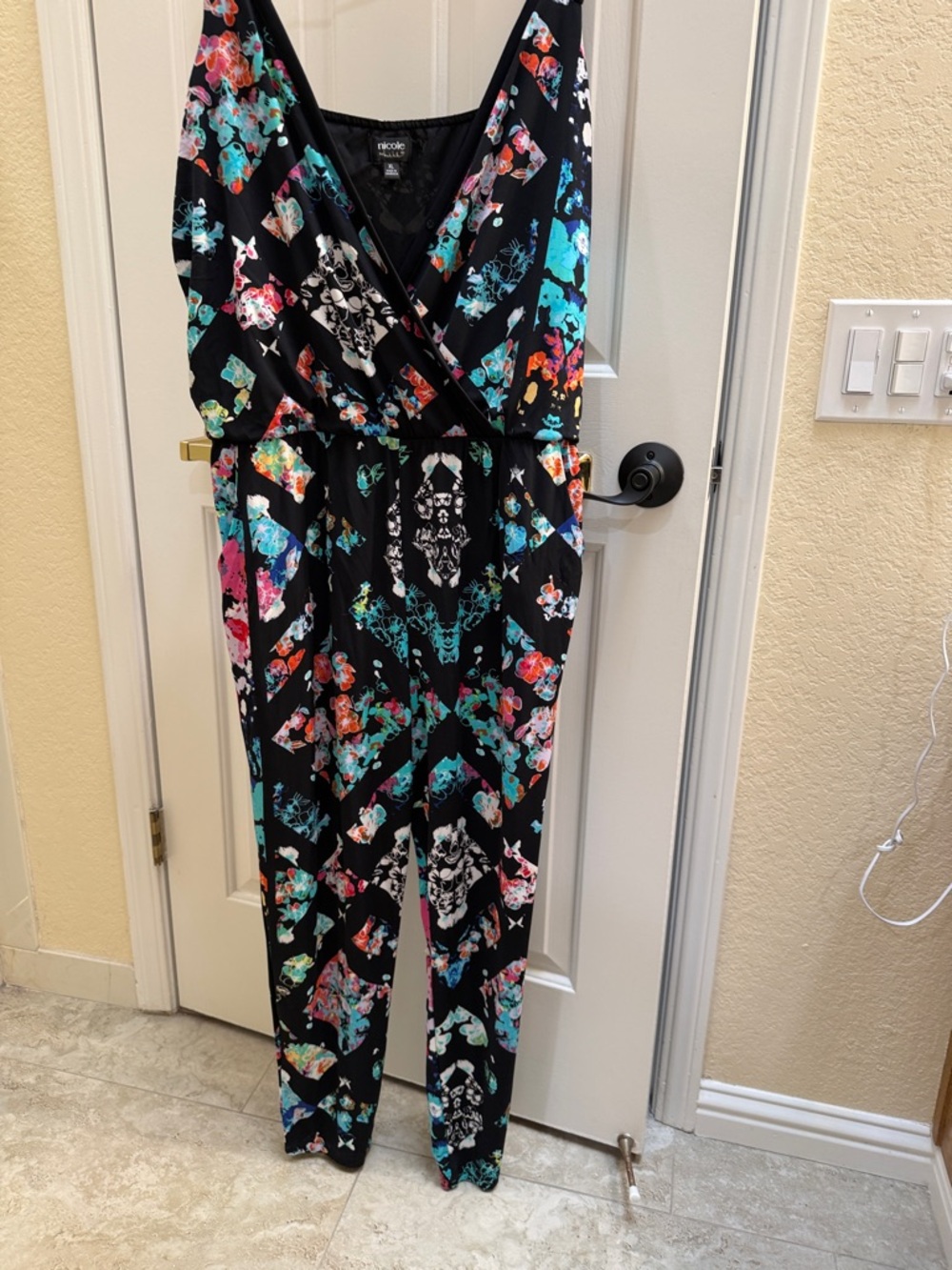 Nicole Miller Black Floral Multicolor Surplice Jumpsuit